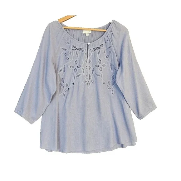 J Jill Linen Blend Cutwork Tunic Top Women M Missy Blue Raglan Coastal Boho Poet - Picture 1 of 9